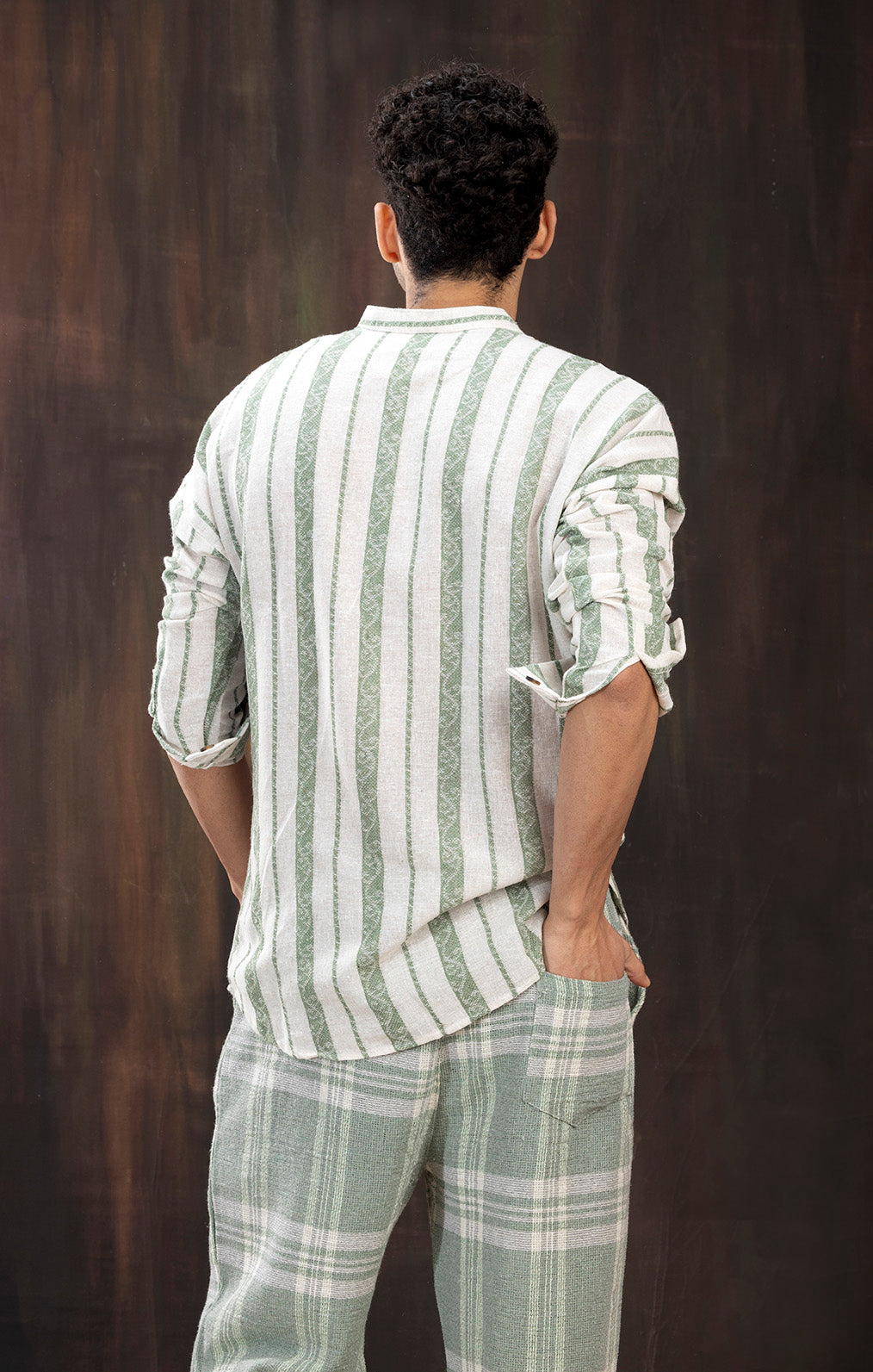LINEN GREEN STRIPE FULL SLEEVE SHIRT