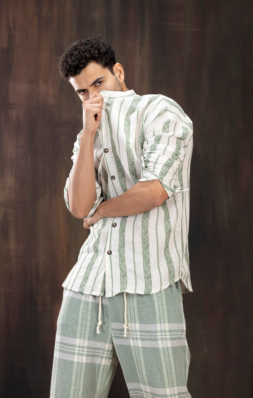 LINEN GREEN STRIPE FULL SLEEVE SHIRT