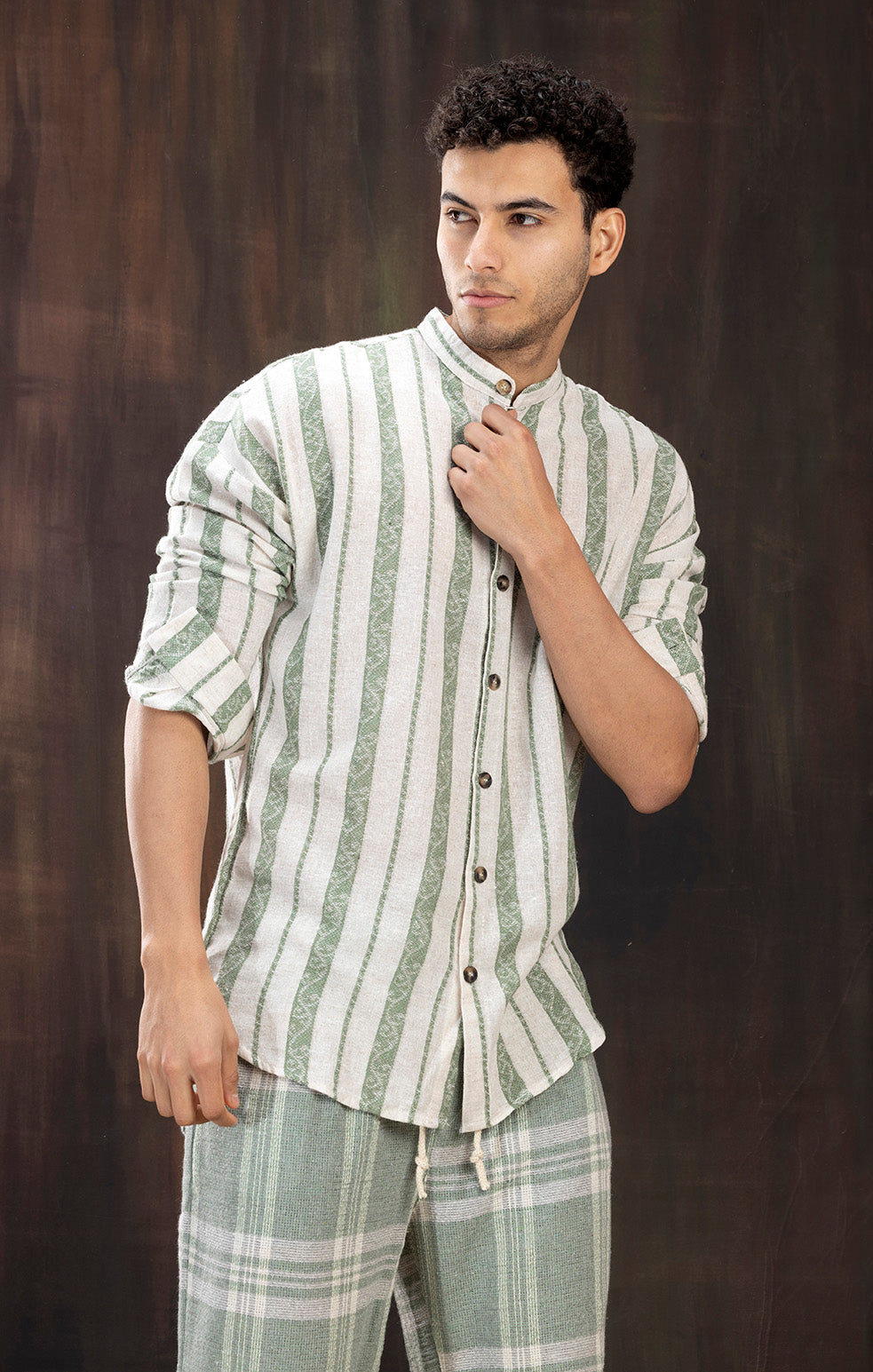 LINEN GREEN STRIPE FULL SLEEVE SHIRT