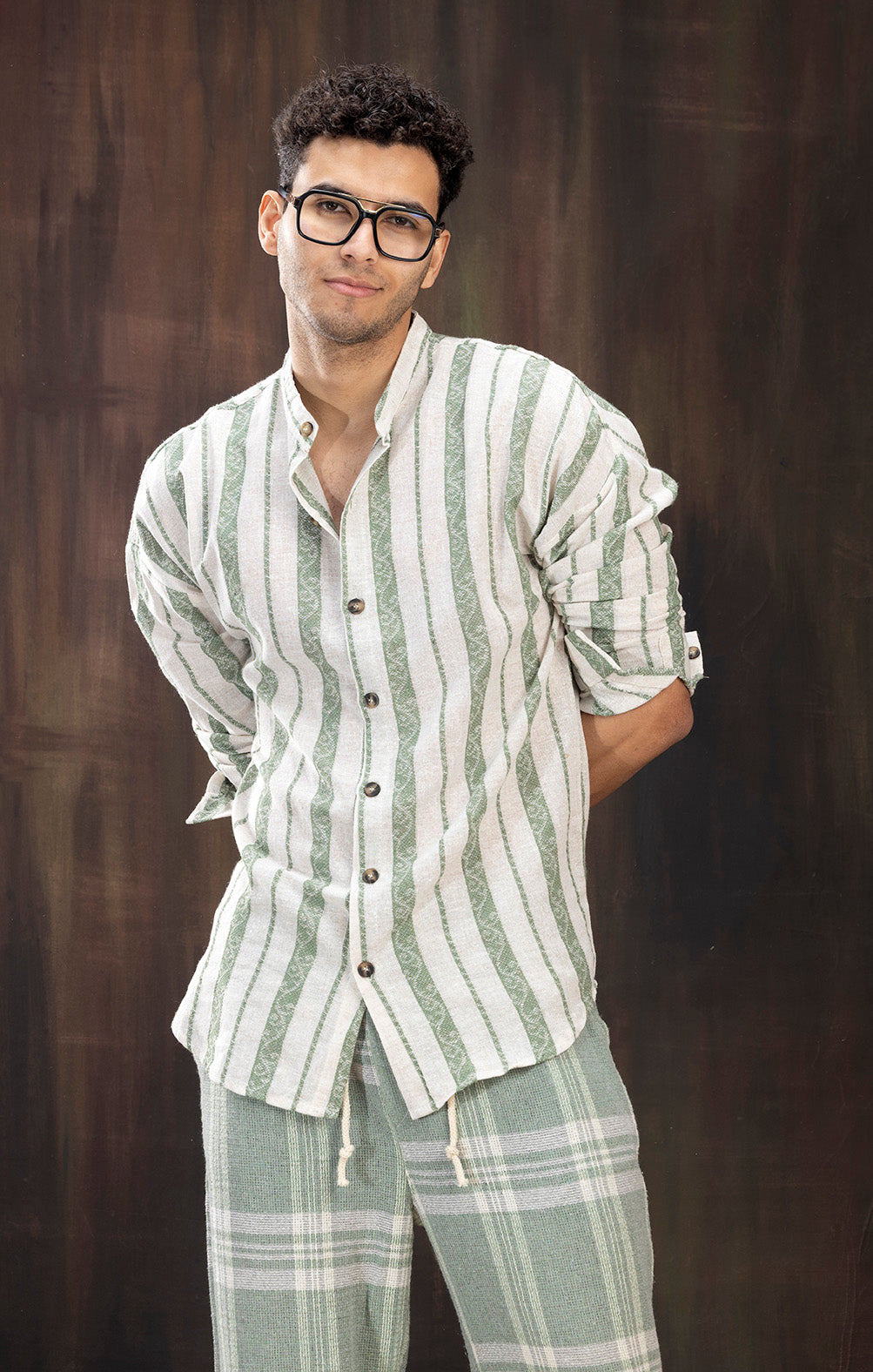 LINEN GREEN STRIPE FULL SLEEVE SHIRT