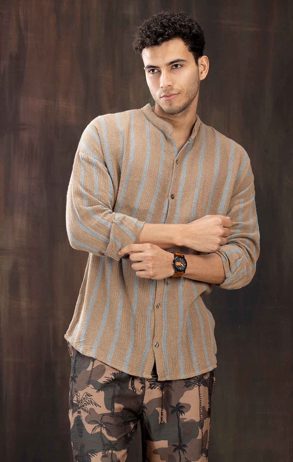 LINEN BROWN & BLUE STRIPE FULL SLEEVE SHIRT
