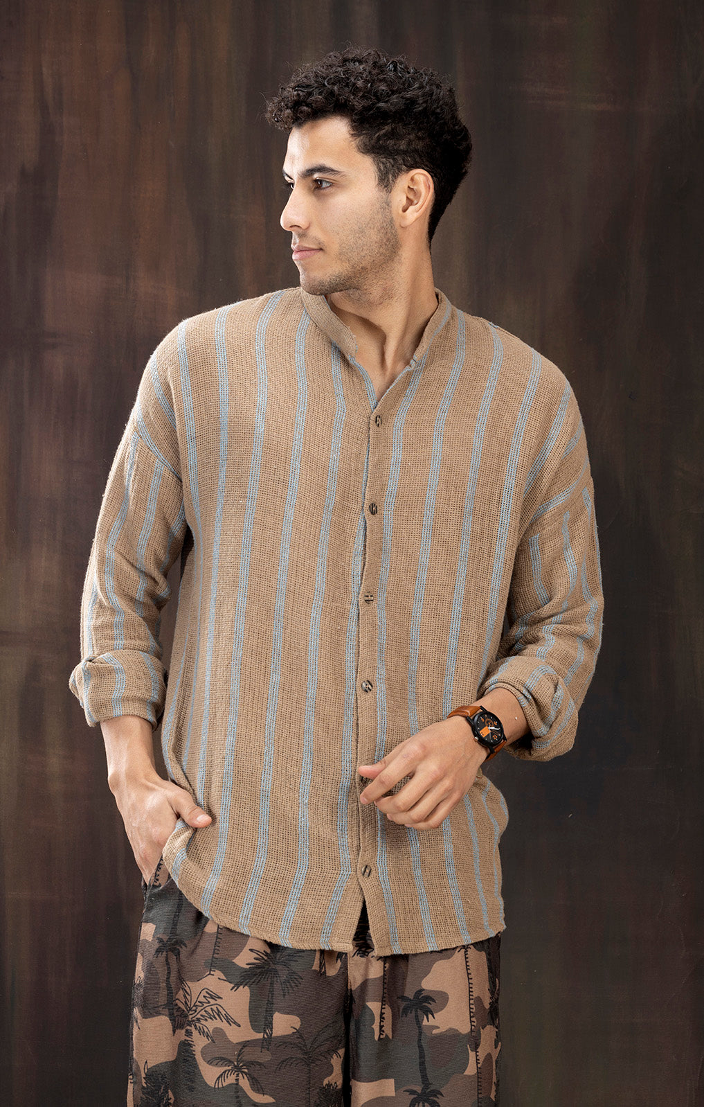 LINEN BROWN & BLUE STRIPE FULL SLEEVE SHIRT