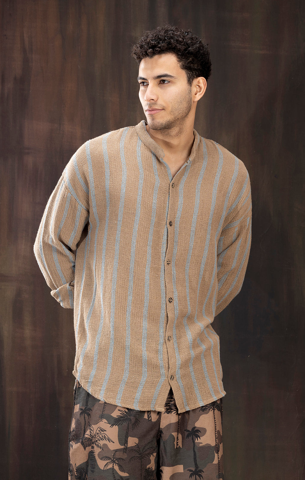LINEN BROWN & BLUE STRIPE FULL SLEEVE SHIRT