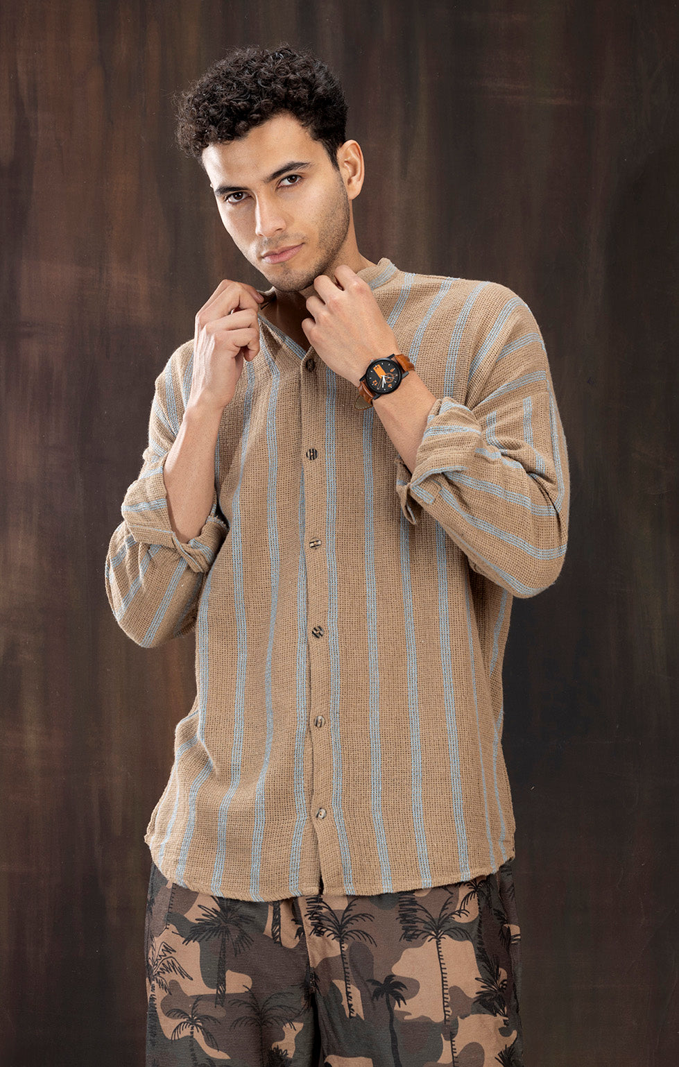 LINEN BROWN & BLUE STRIPE FULL SLEEVE SHIRT