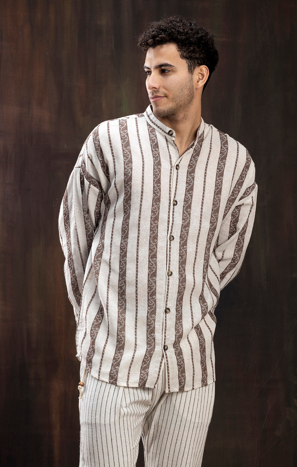 LINEN BURGUNDY STRIPE FULL SLEEVE - SHIRT