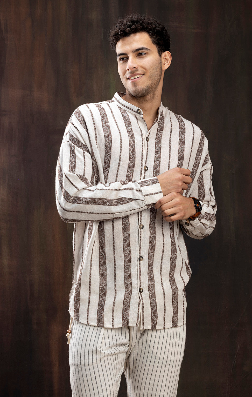 LINEN BURGUNDY STRIPE FULL SLEEVE - SHIRT