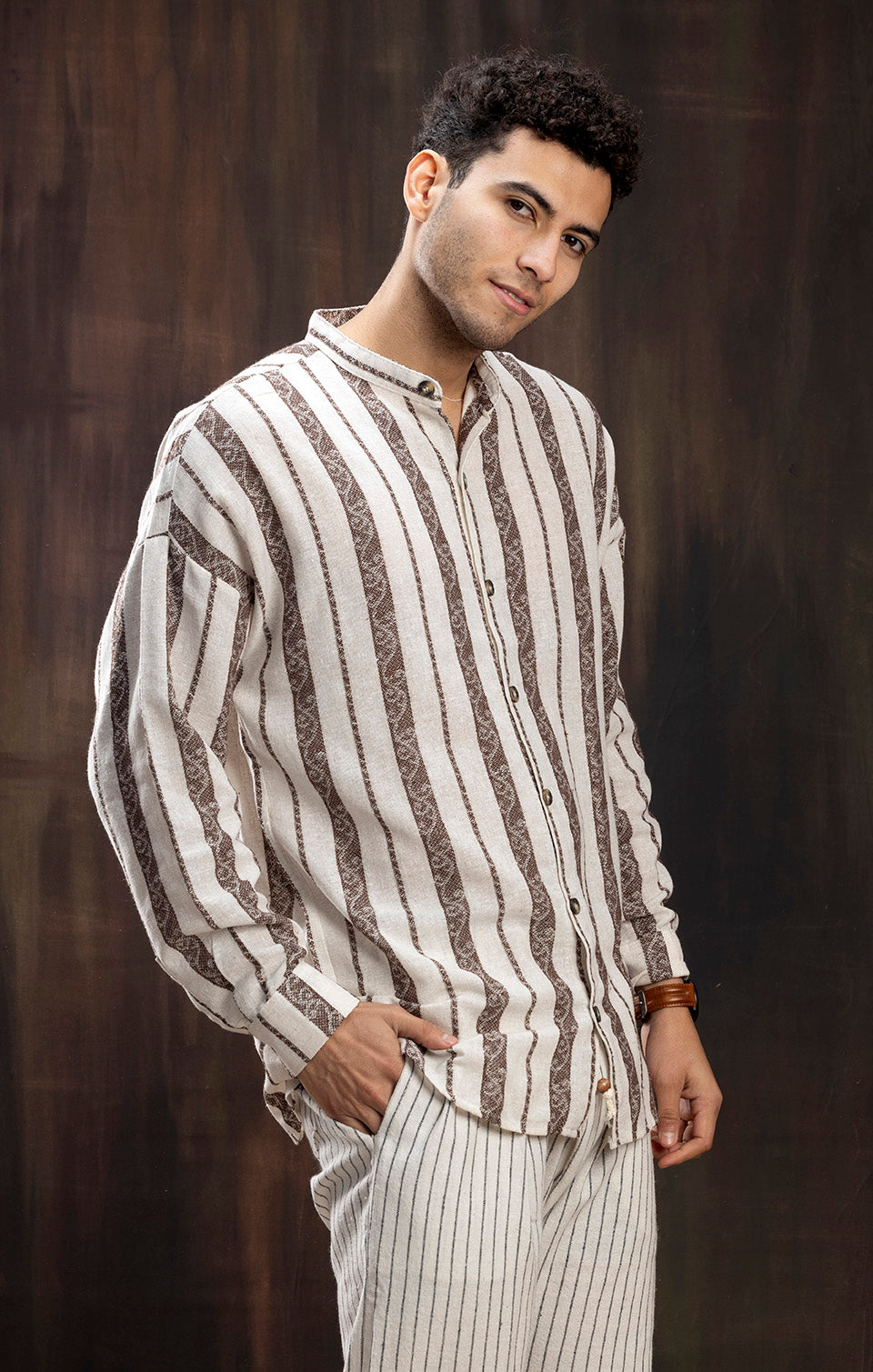 LINEN BURGUNDY STRIPE FULL SLEEVE - SHIRT