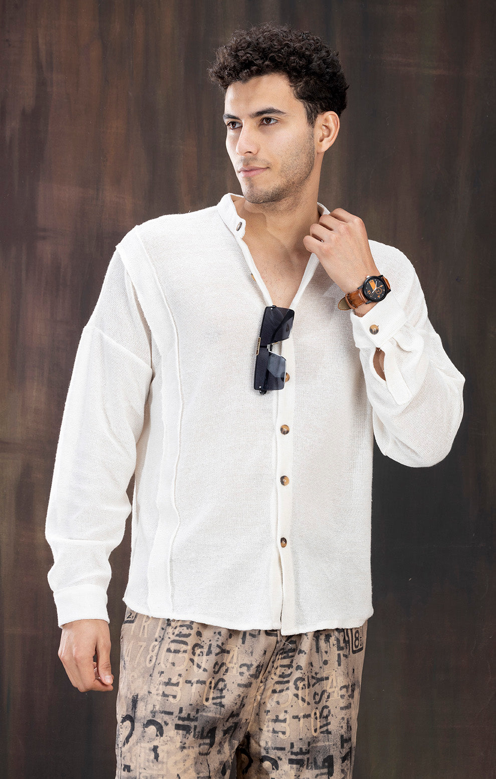WHITE KNITTED FULL SLEEVE SHIRT
