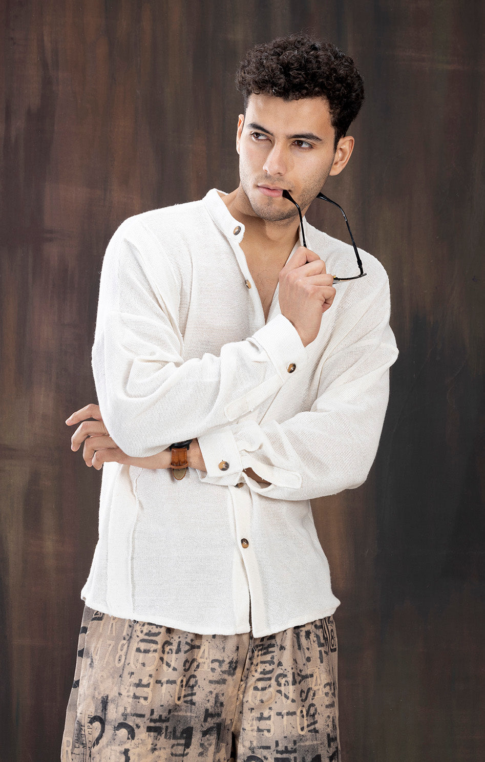 WHITE KNITTED FULL SLEEVE SHIRT
