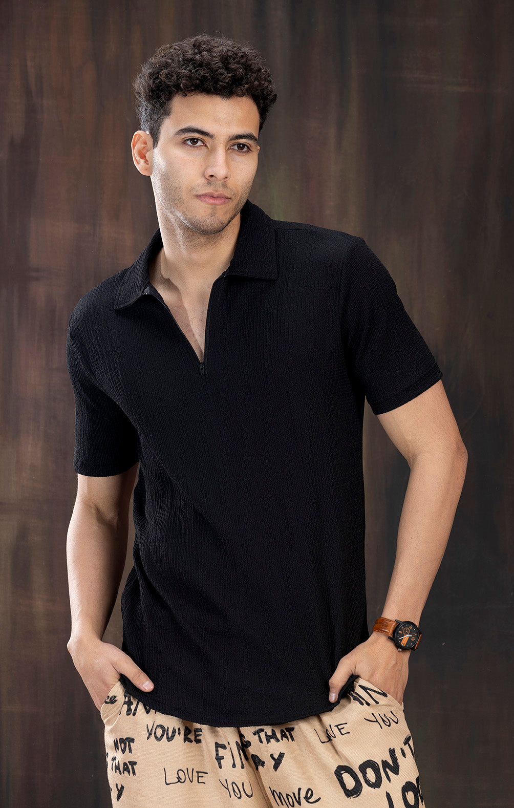 BLACK TEXTURED PLAIN SHIRT
