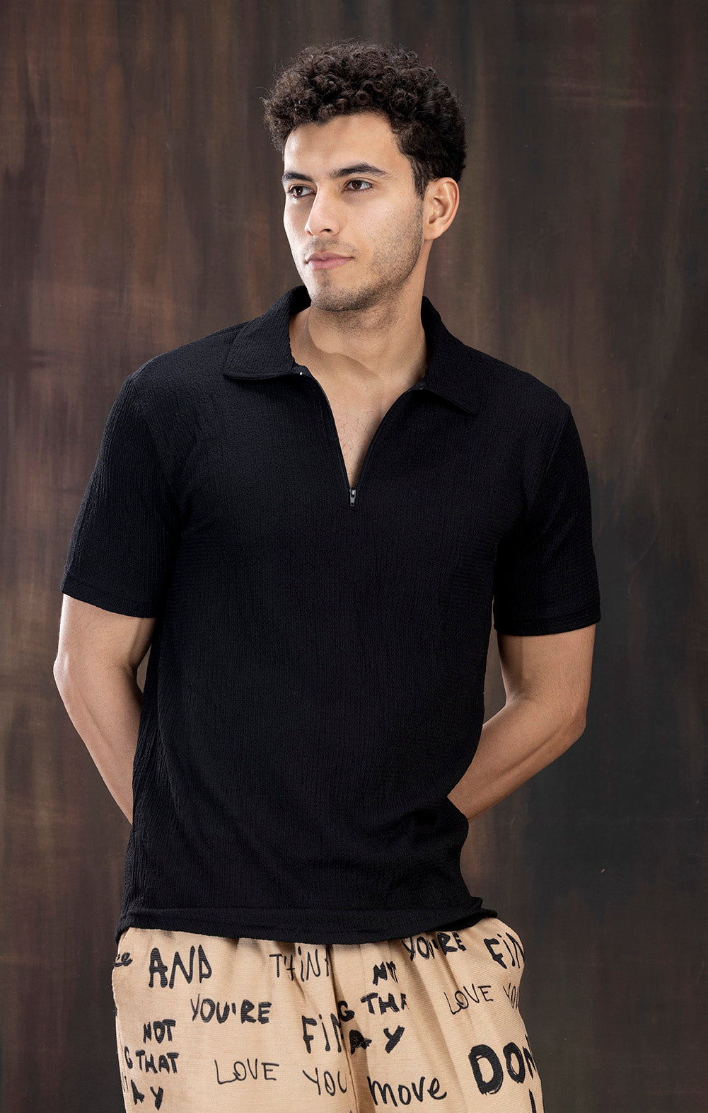 BLACK TEXTURED PLAIN SHIRT