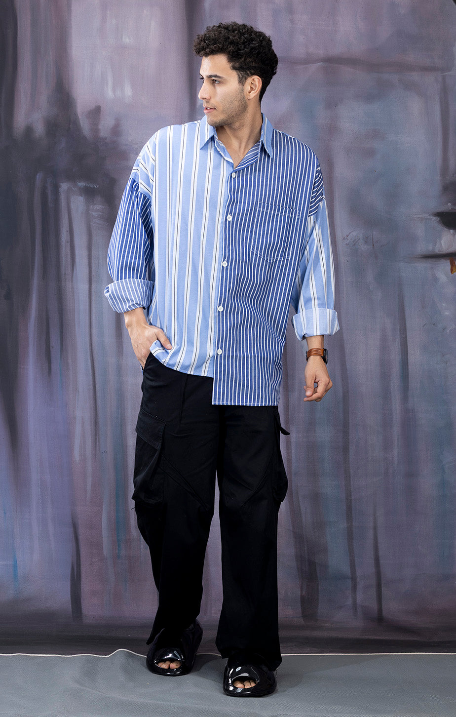 BLUE STRIPED ASYMMETRICAL SHIRT