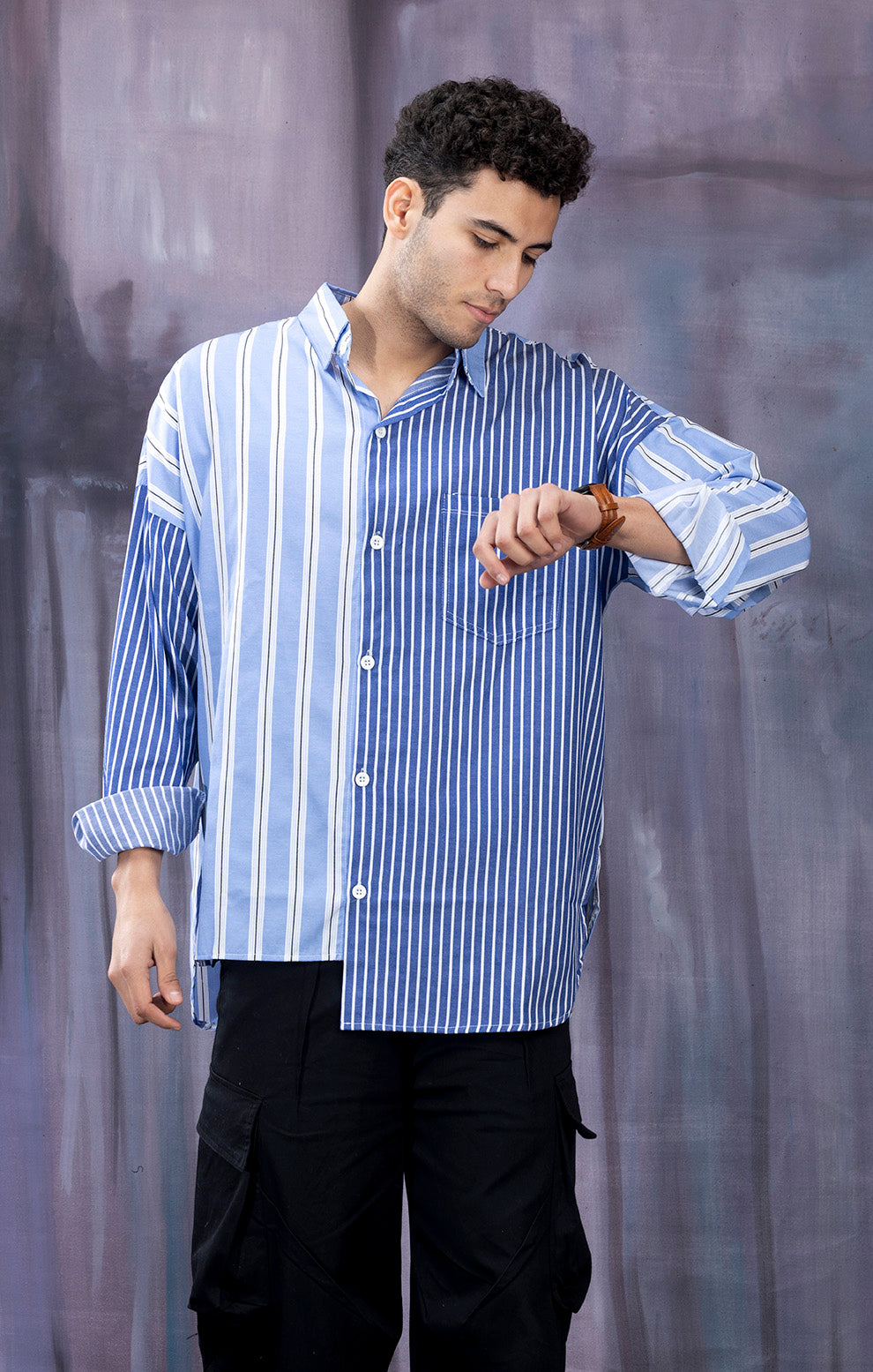 BLUE STRIPED ASYMMETRICAL SHIRT