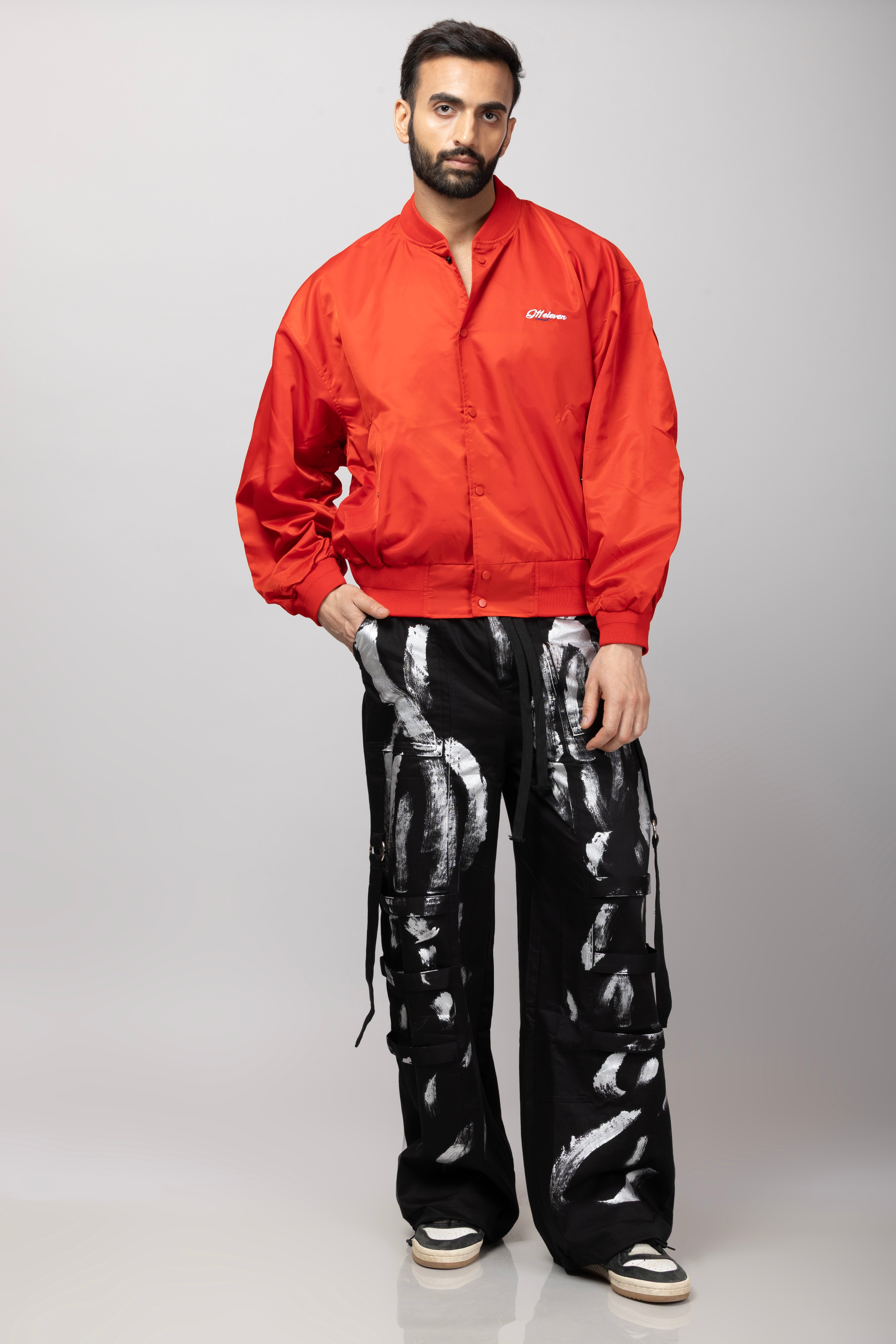 Red Baseball Jacket With Silver Printed Cargo