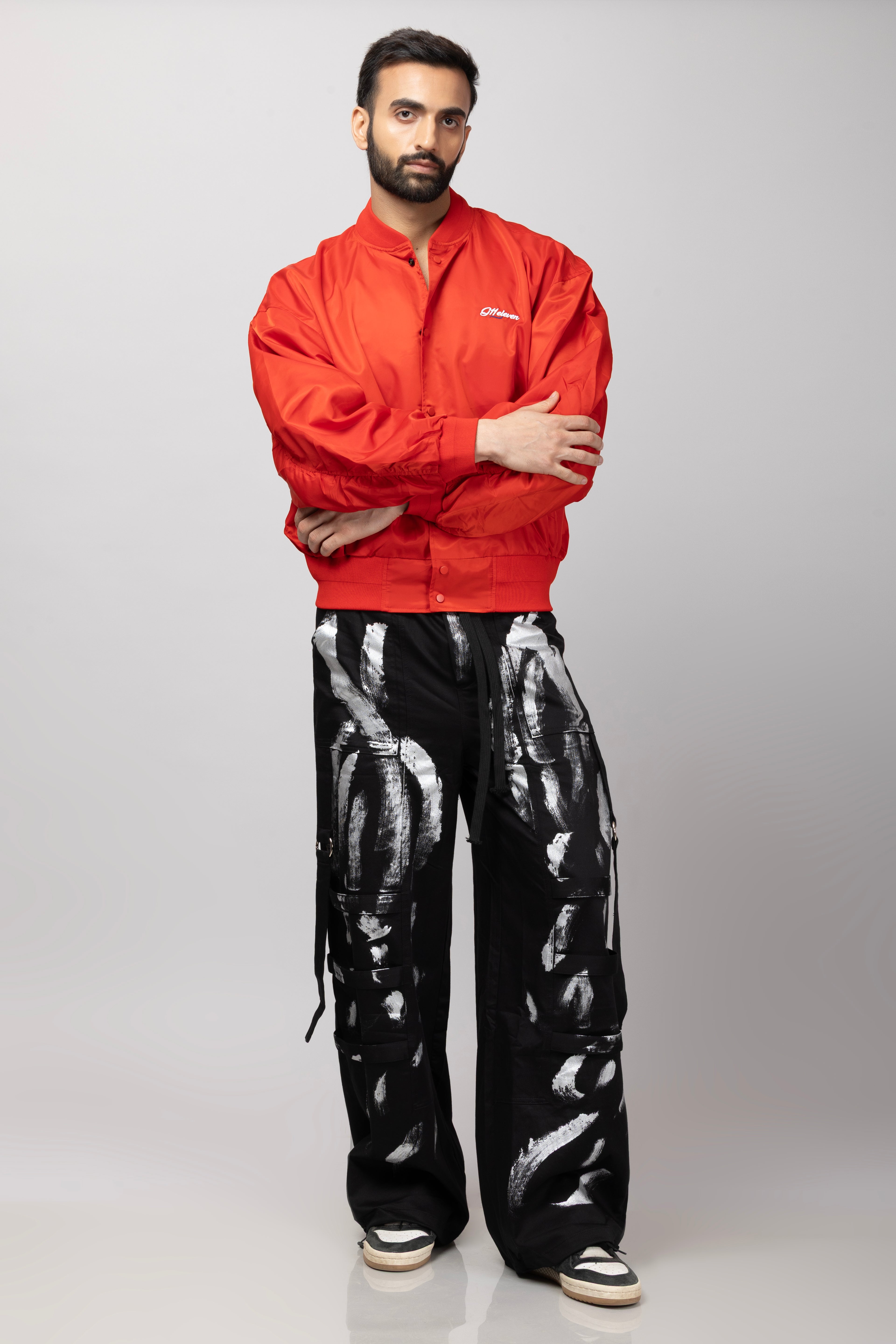 Red Baseball Jacket With Silver Printed Cargo