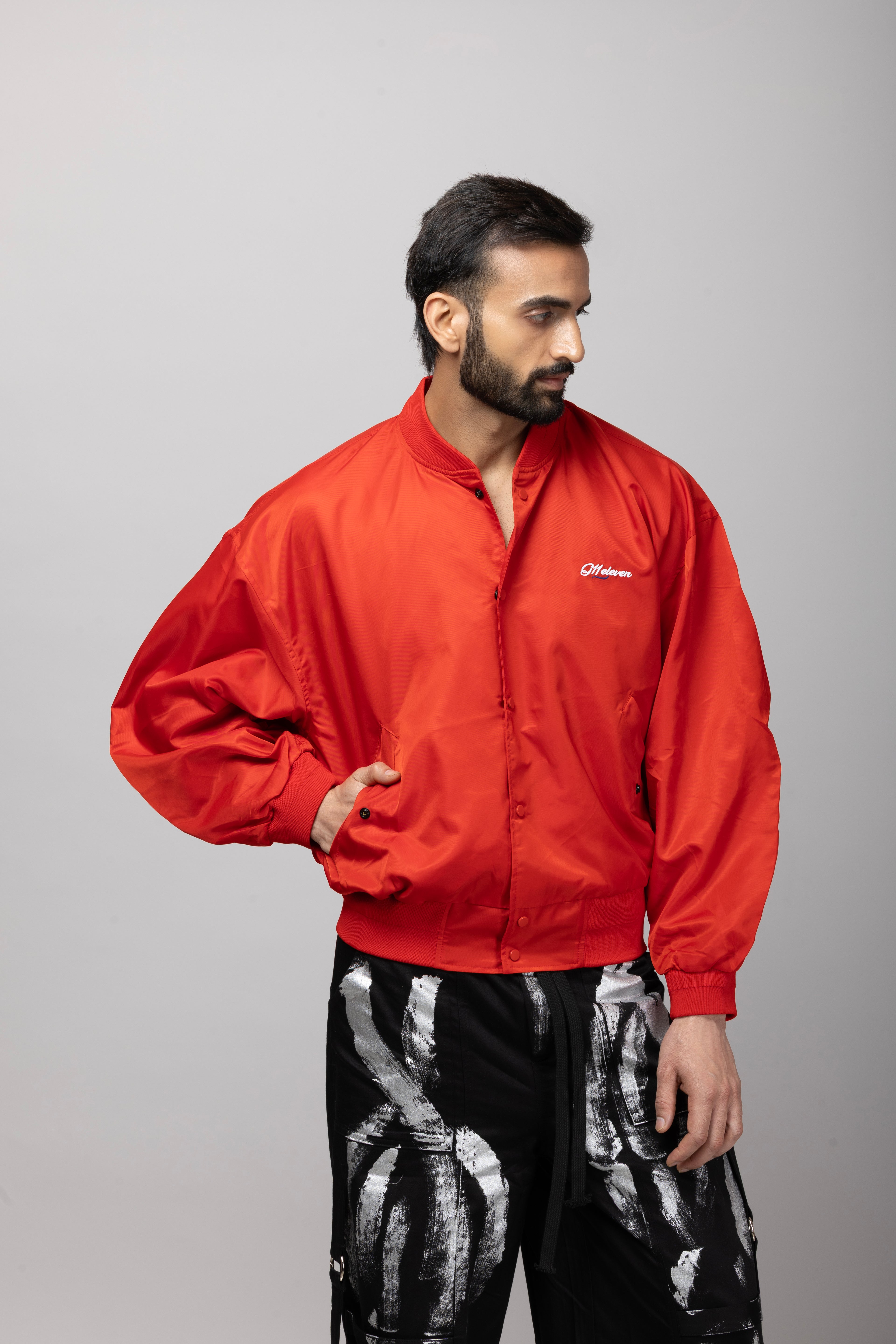 Red Baseball Jacket With Silver Printed Cargo
