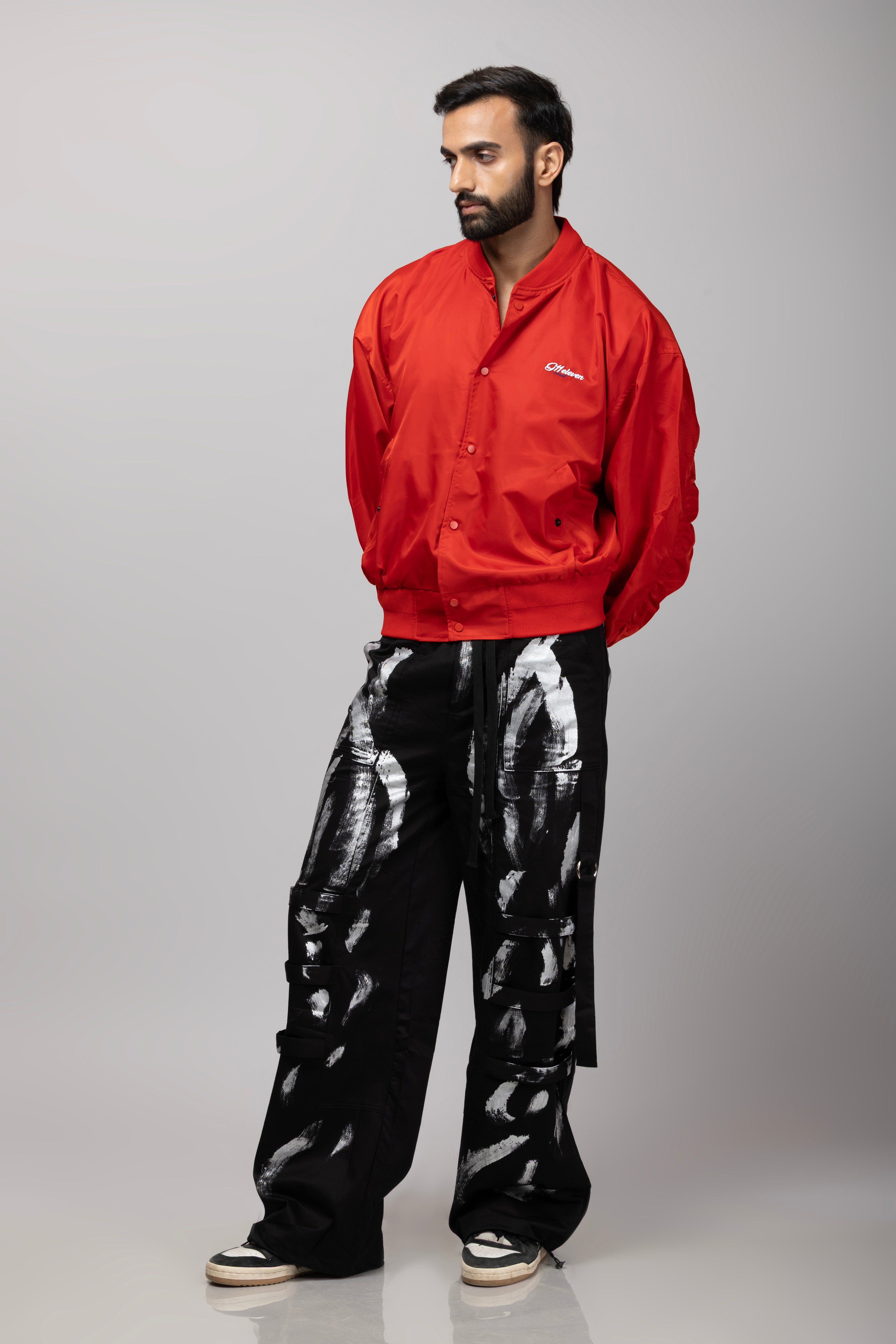 Red Baseball Jacket With Silver Printed Cargo