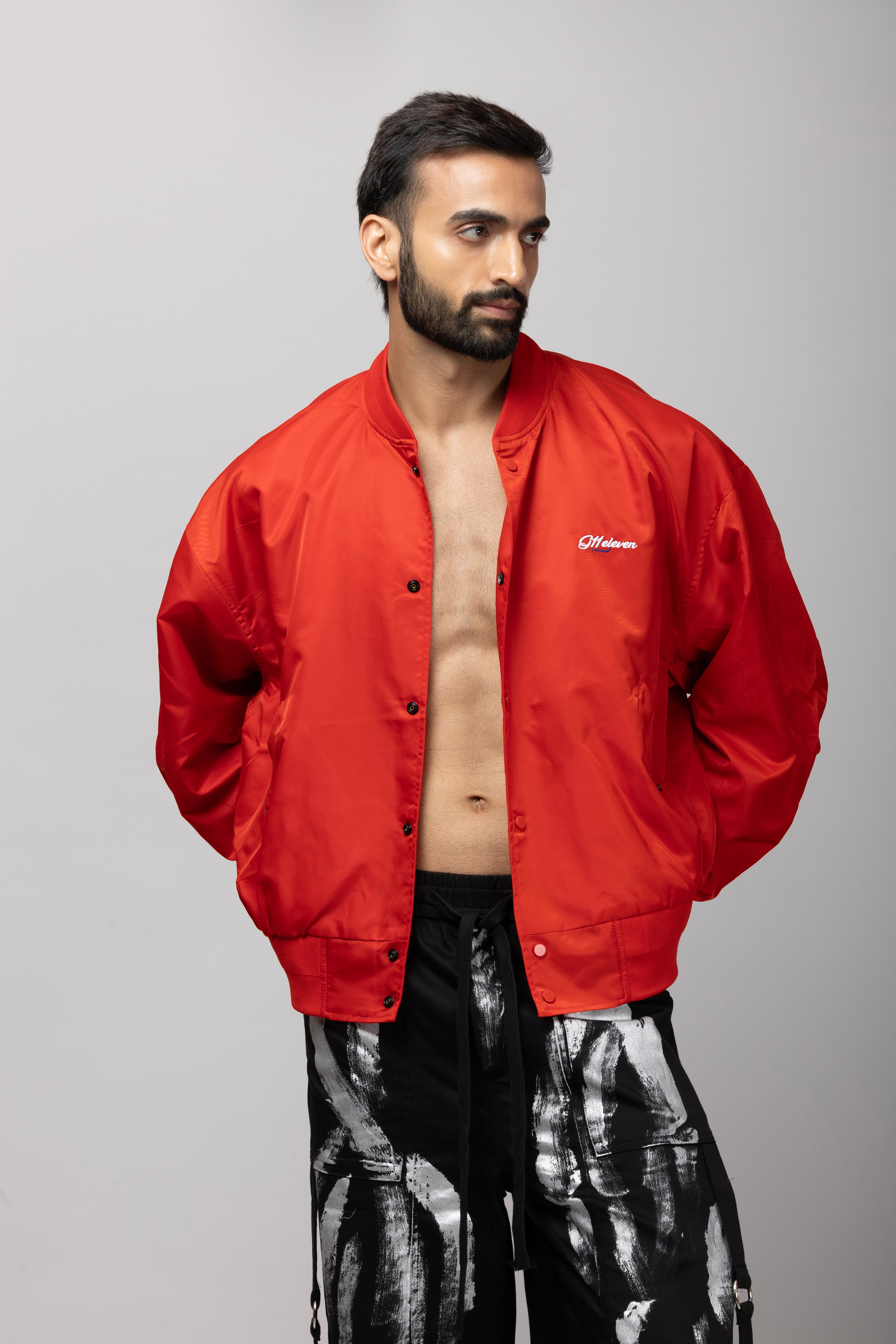 Red Baseball Jacket With Silver Printed Cargo