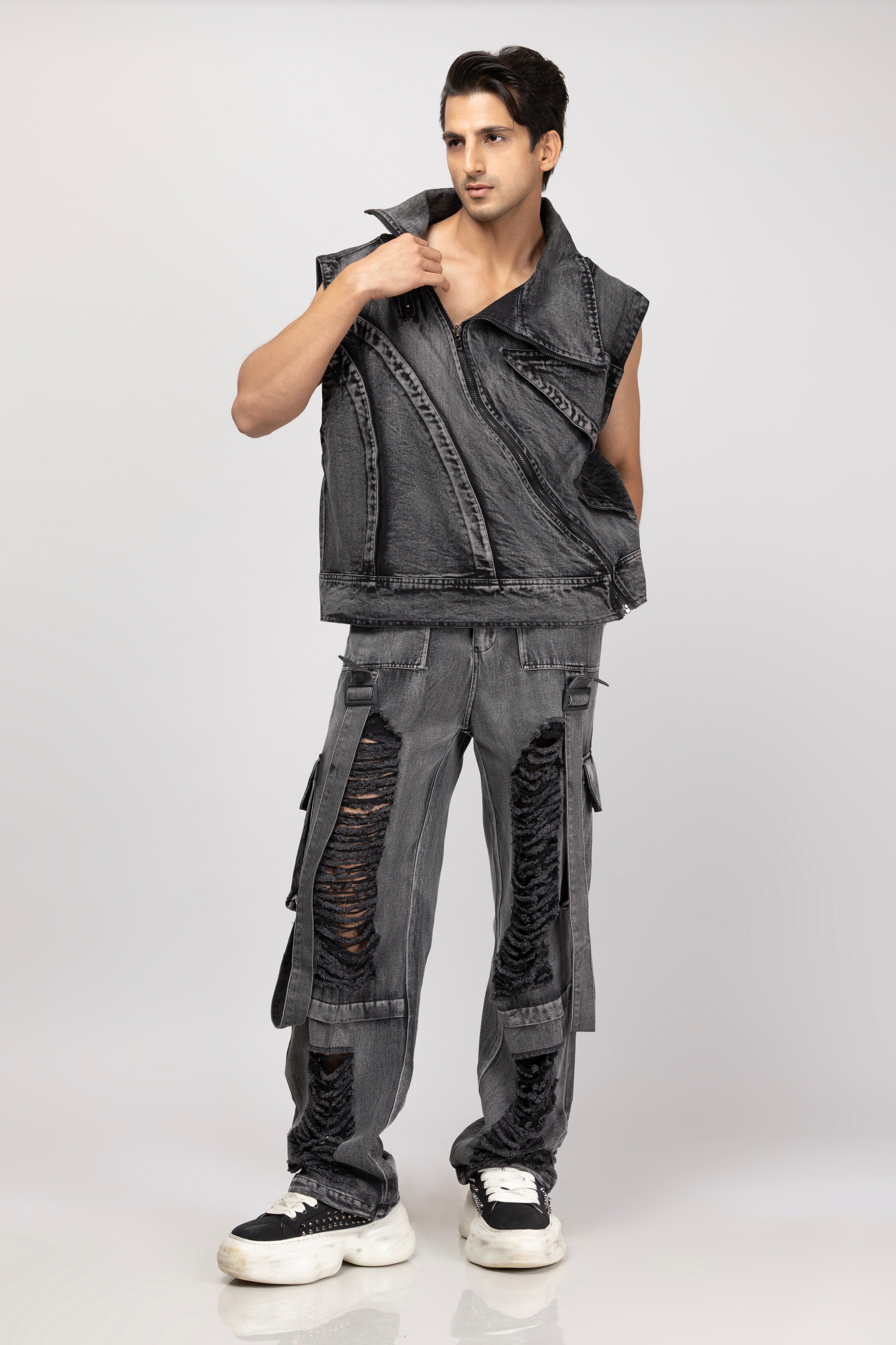 Denim Half Jacket With Ripped Jeans