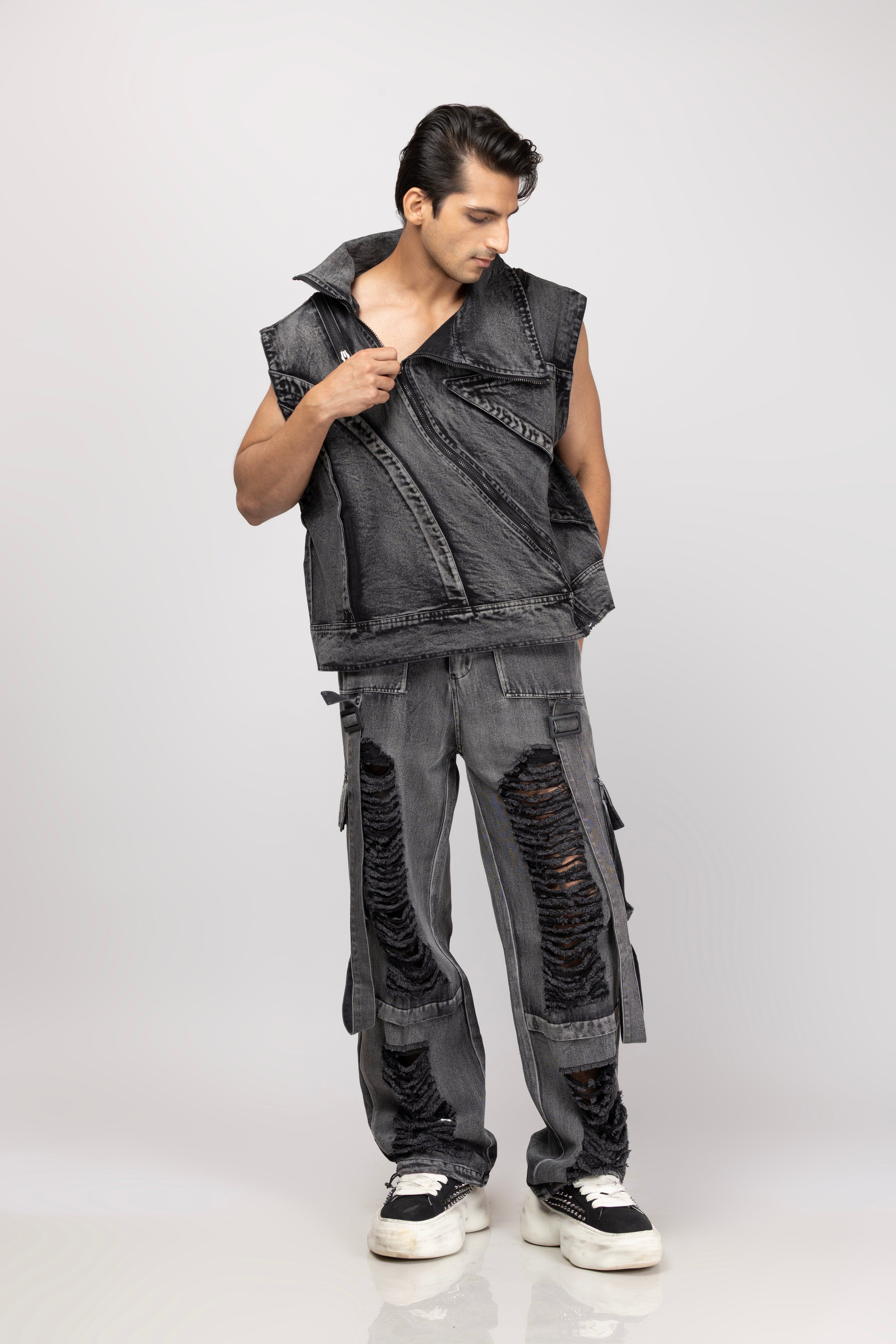 Denim Half Jacket With Ripped Jeans