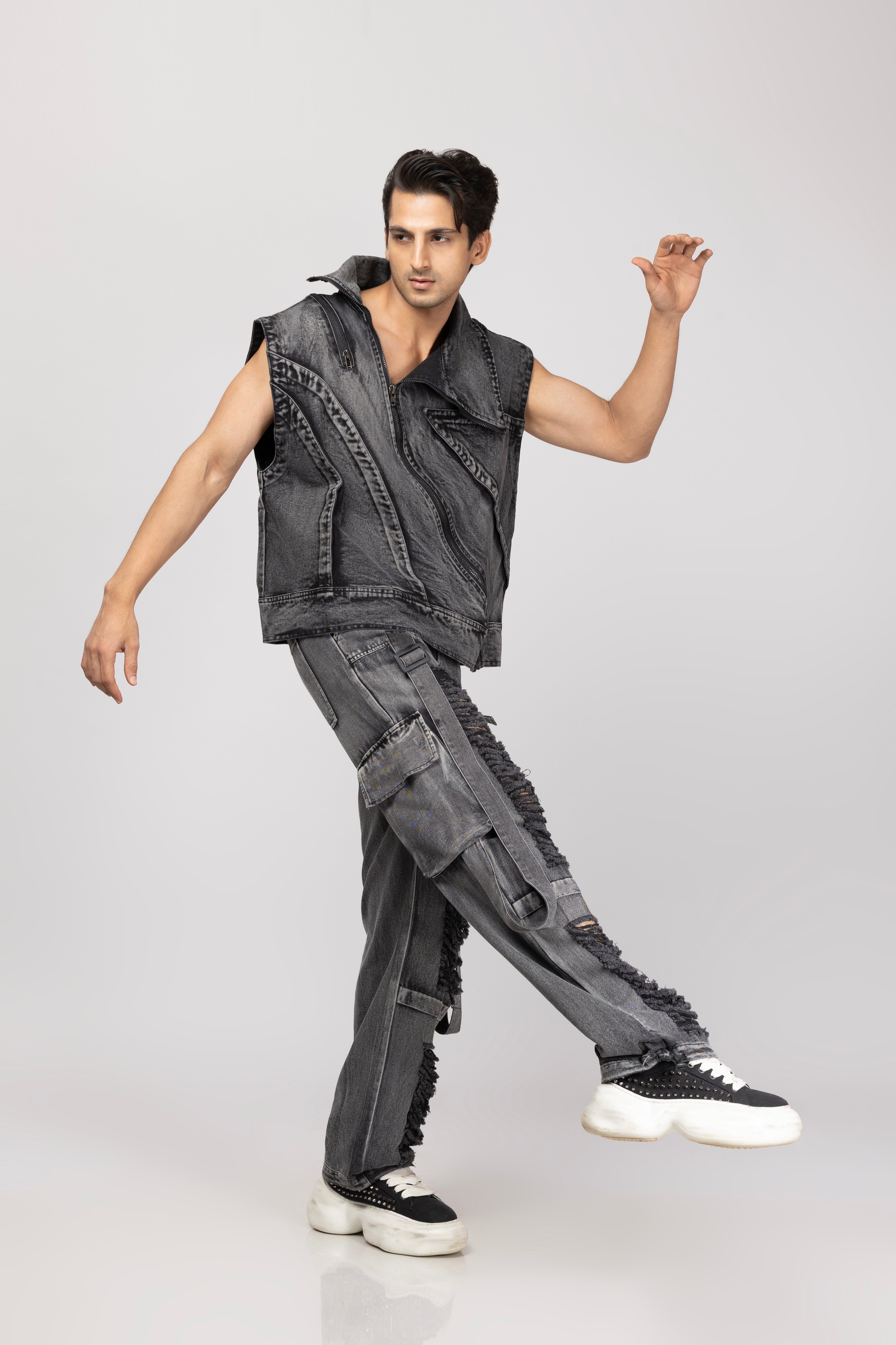 Denim Half Jacket With Ripped Jeans