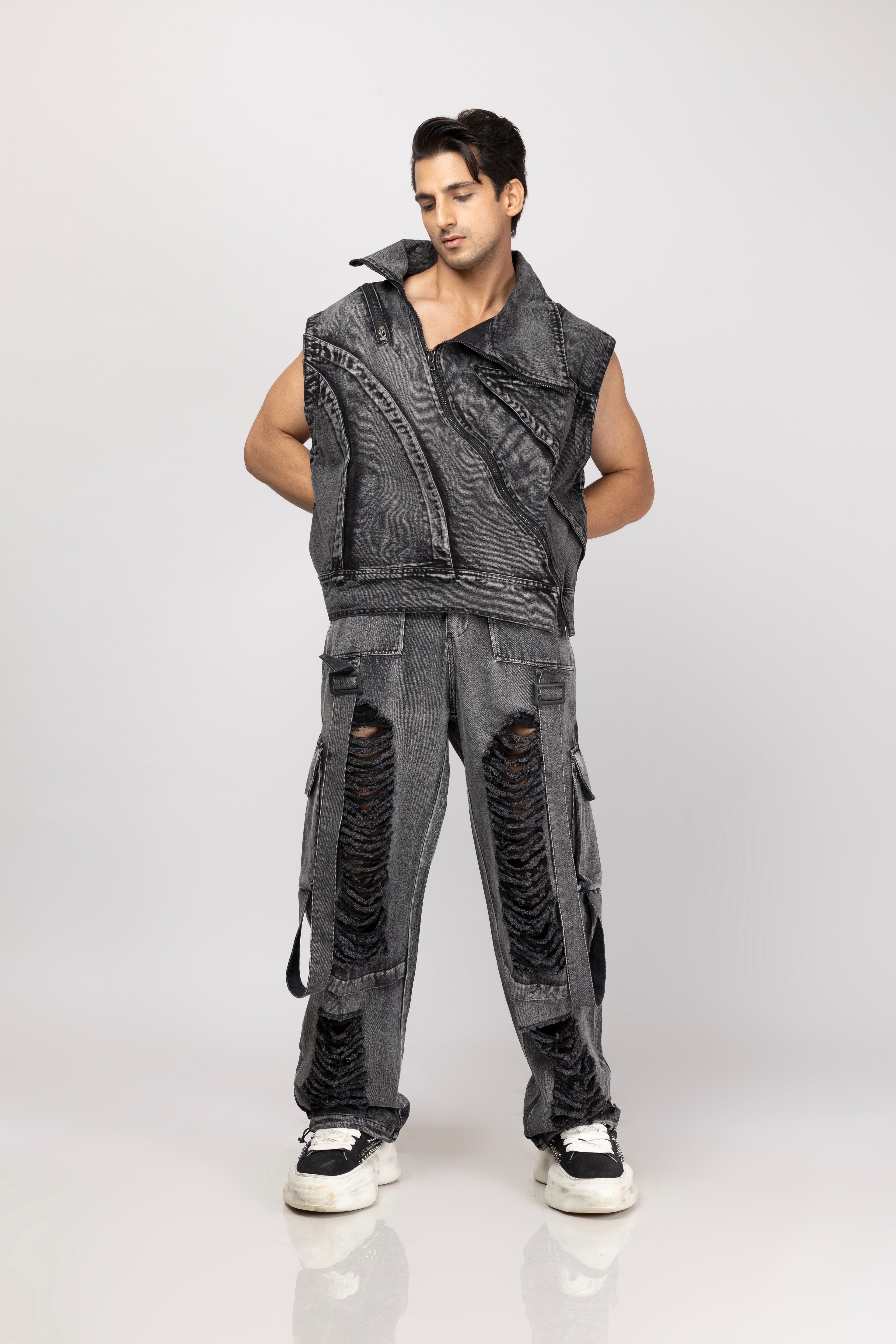 Denim Half Jacket With Ripped Jeans