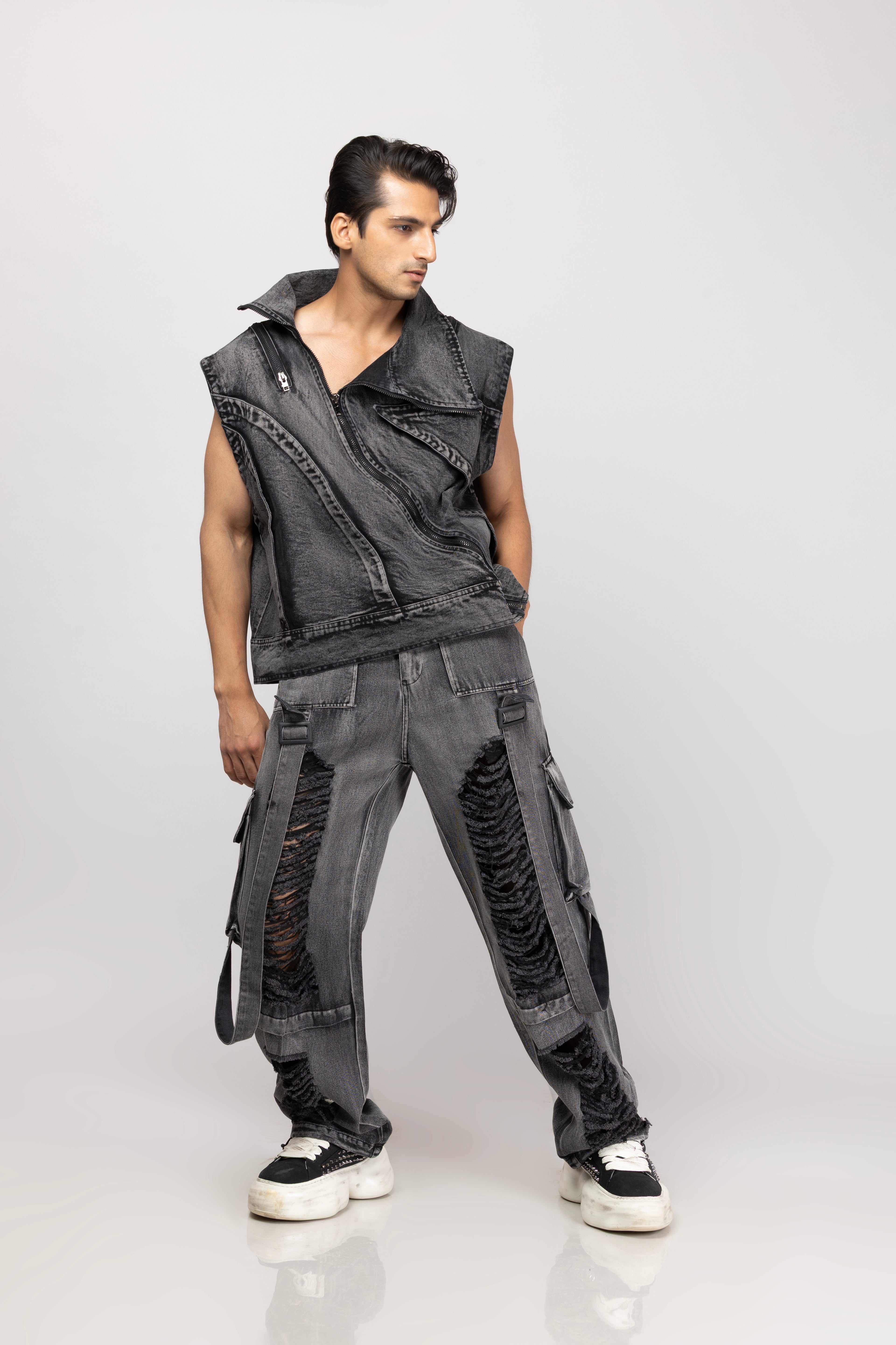 Denim Half Jacket With Ripped Jeans