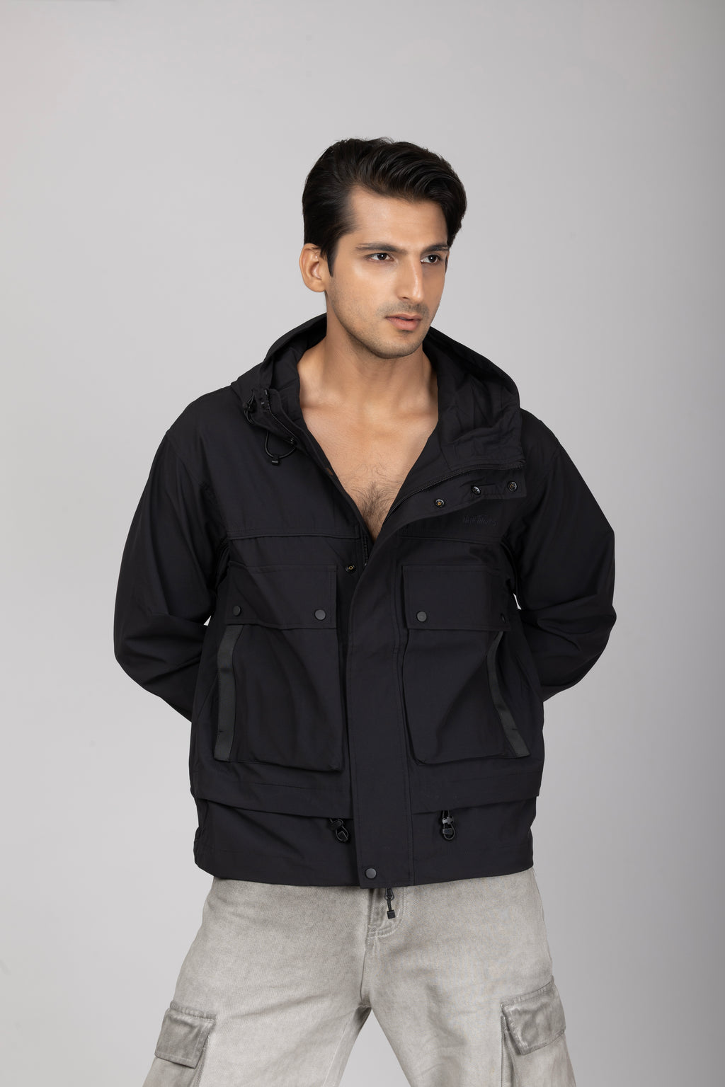 Big Pocket Black Hooded Jacket