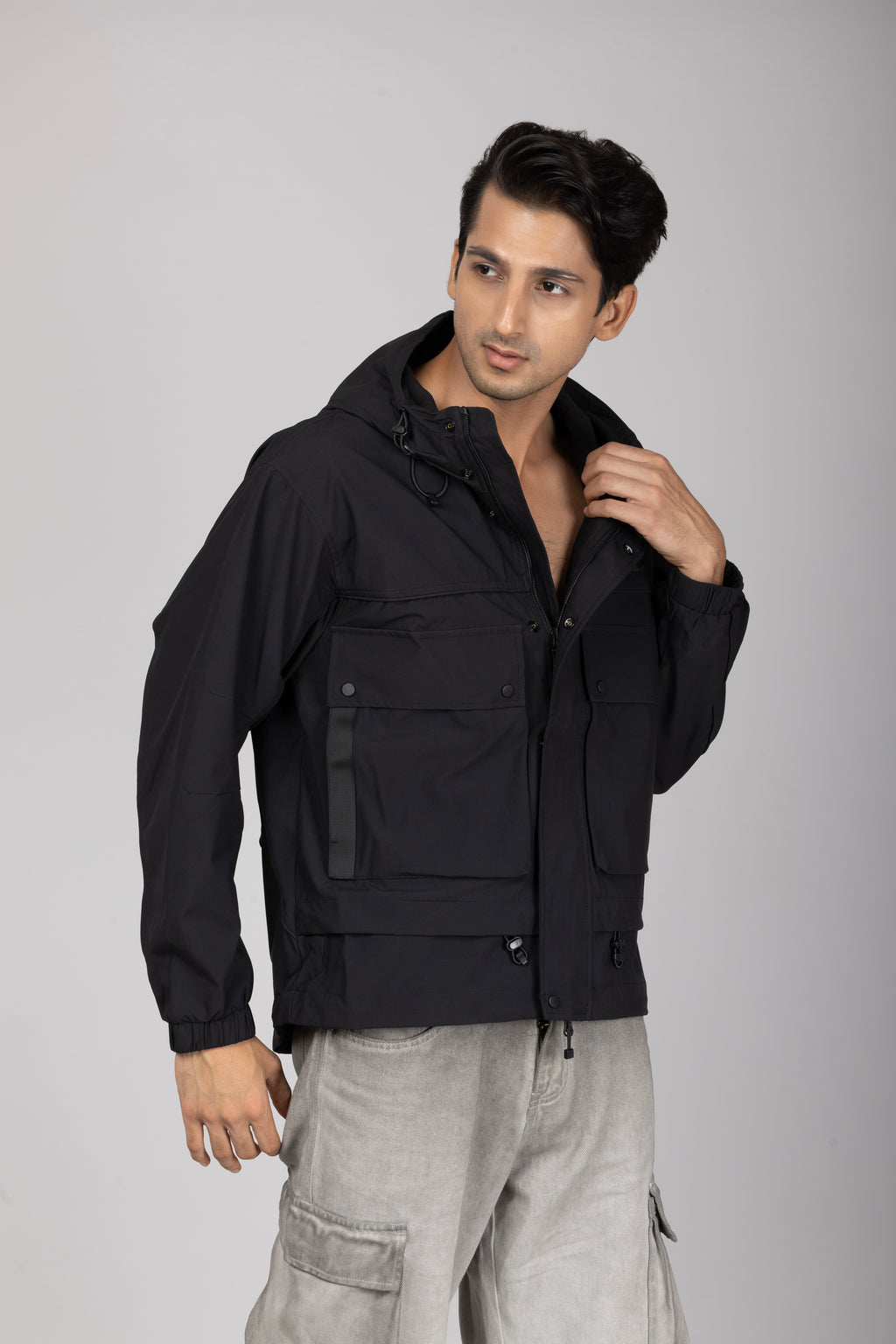 Big Pocket Black Hooded Jacket