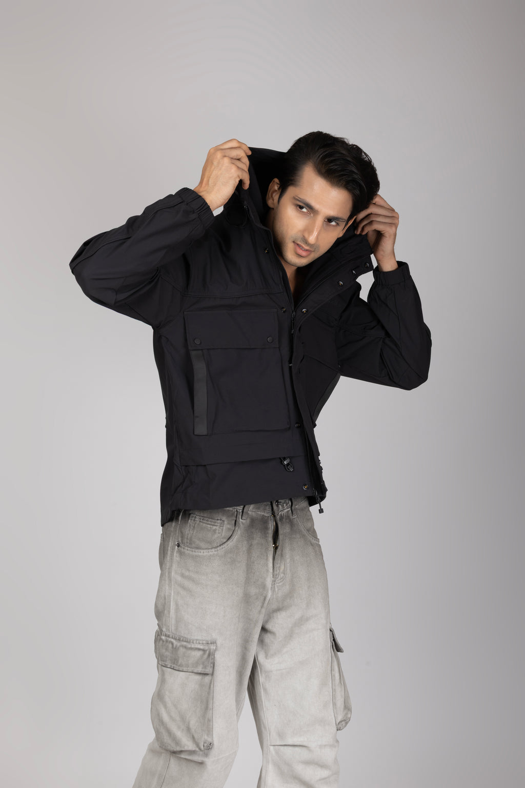 Big Pocket Black Hooded Jacket