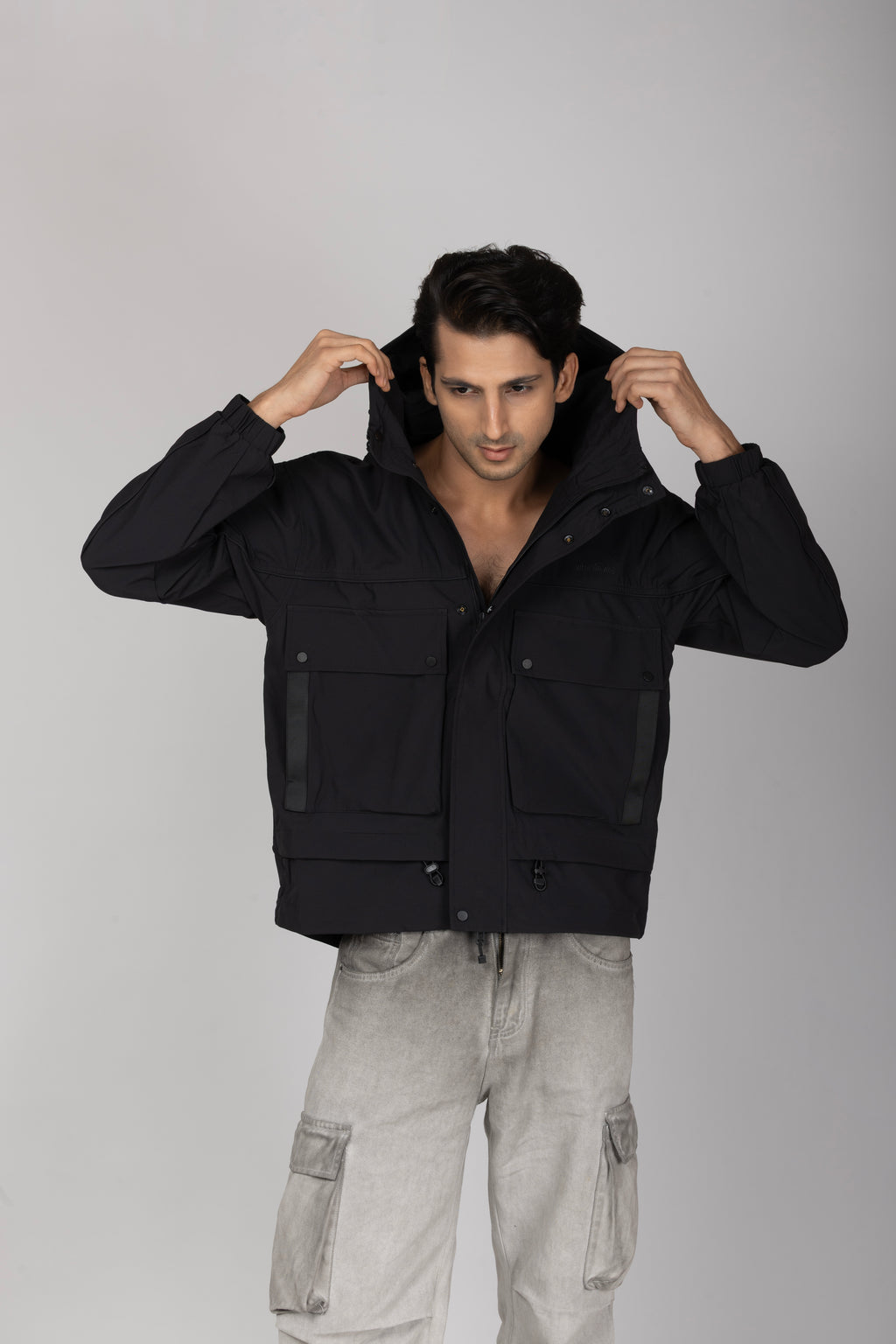 Big Pocket Black Hooded Jacket